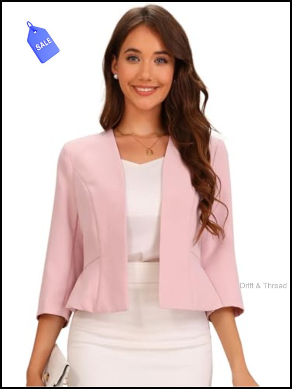 Cropped Peplum Blazer Collarless 3/4 Sleeve Open Front Business Suit Jacket